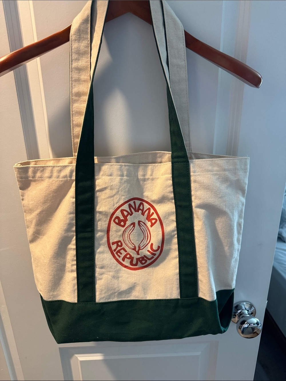 Banana Republic Cream Canvas Tote with Dark Green Trim and Red Logo